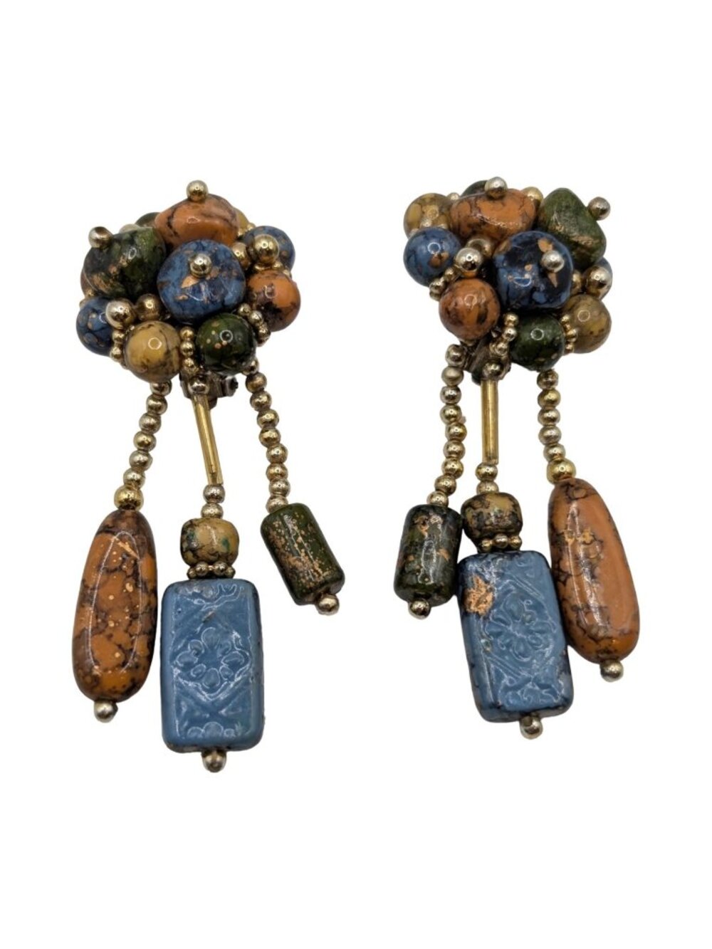 KatKouture Agate Jasper & African Glass Long Beaded Statement Clip on Earrings